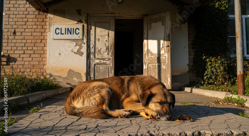 A lonely stray dog sleeping on the cracked pavement in front of an old abandoned medical clinic building during a warm and golden sunset afternoon