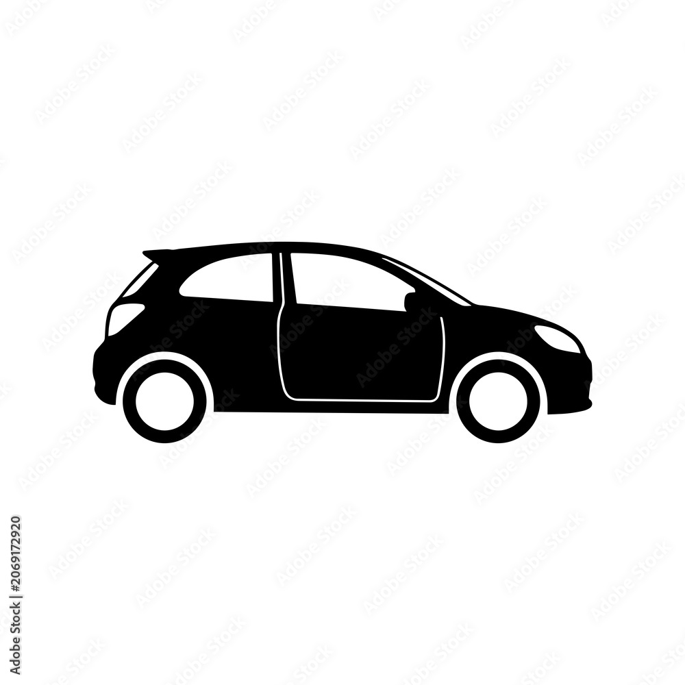 Fototapeta premium Black silhouette of a small hatchback car in profile view, isolated on a white background, simple automotive