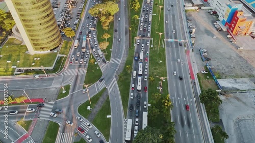 Top Down Aerial View of City Traffic Jam with Multiple Vehicles on Multi-Lane Highway Avenue Street Road