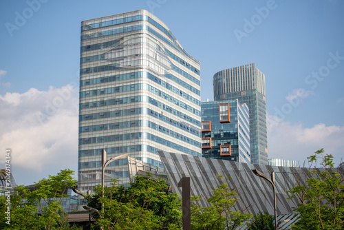 Modern Office Skyscrapers Under Clear Blue Sky