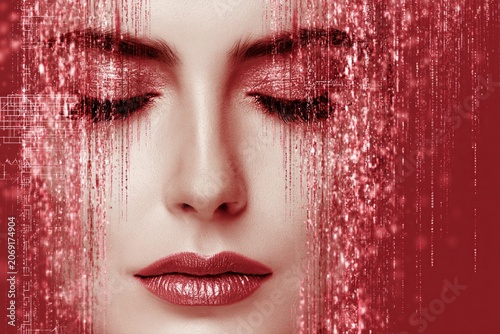 Close-up of a woman's face with closed eyes, adorned with red glitter and digital matrix effects.