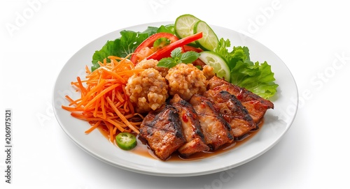 Realistic Thai lunch presented on a white plate isolated against seamless white � Food Photography for Restaurant, Culinary and Dining Concept