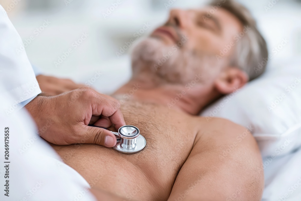 Fototapeta premium Doctor using a stethoscope to listen to the chest of a patient lying down, close-up.