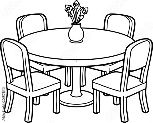 Dining Table And Chairs Silhouette Black And White Vector Illustration