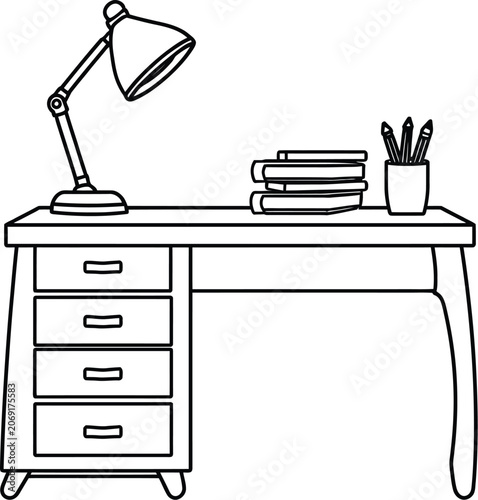 Office Desk Silhouette With Lamp Books And Pen Holder