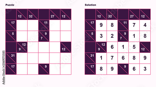 Kakuro puzzle with solution in minimalist design on white background  