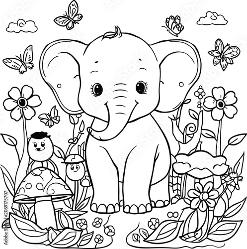 Elephant with butterflies and flowers black and white vector silhouette
