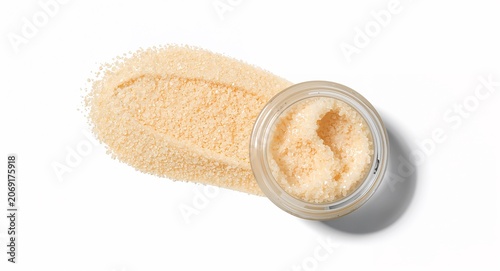 Exfoliating scrub jar isolated on a white background emphasizing granular texture natural � Beauty and Cosmetic Photography for Skincare and Fashion Brand