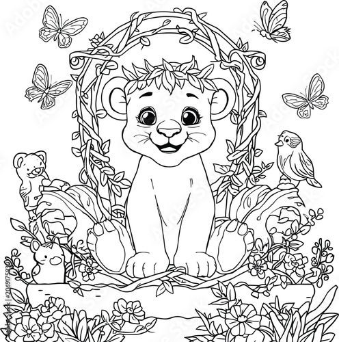 Lion cub with butterflies and floral ornament black and white vector illustration