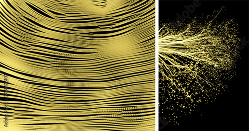 Point explode. Array with dynamic emitted particles. Abstract background. Grid texture. Network design with particles. Dynamic vector illustration for banner, flyer, cover, poster or brochure.