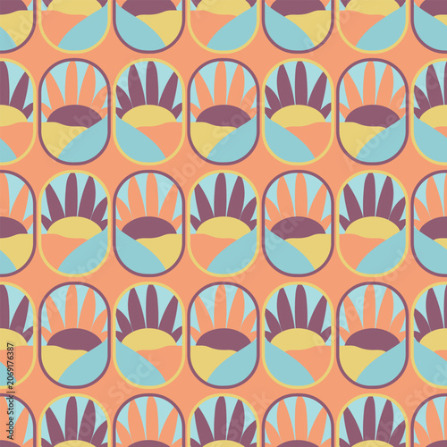 Vintage seamless vector pattern with stylized rising sun, desert dunes, and abstract leaves inside oval frames. Retro geometric botanical ornament in 1970s style on a warm peach background