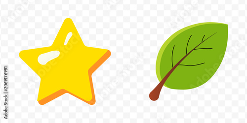 Yellow star, green leaf icons, eco friendly symbols, vector graphics isolated on Transparent Background