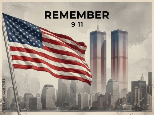 Patriotic 911 memorial illustration with american flag and twin towers