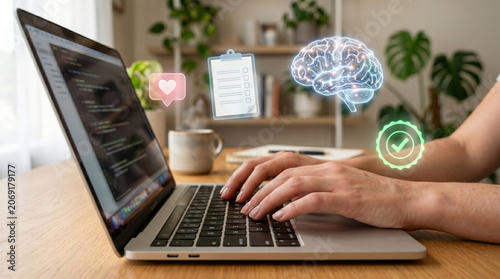 Mental Health Teletherapy Concept with Laptop, Holographic Brain Network and Approved Wellness Checklist