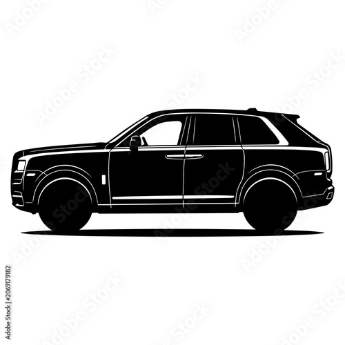 Black silhouette of a luxury suv car from the side view isolated on a white background, of a large sport utility vehicle