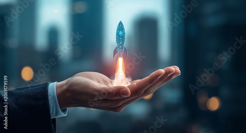 A skilled hand gracefully launching a holographic rocket amidst a blurred urban � AI Technology and Digital Innovation Concept for Future Business