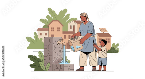 Mother and son collecting water from a communal fountain in a village