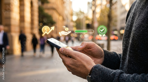 Microloan Lending Concept with Smartphone, Coin Icon and Approved Loan Progress Bar in Sunlit City