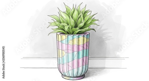 Potted Green Plant in a Colorful Striped Decorative Vase.