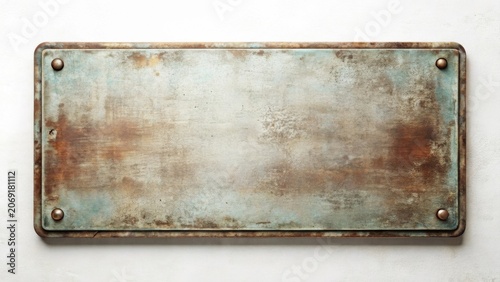 Rustic Weathered Metal Rectangular Sign with Patina and Rivets, Perfect for Vintage or Industrial Design Projects