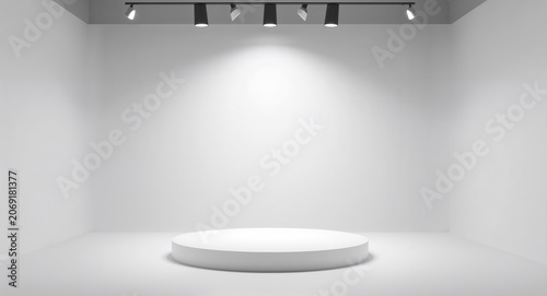A sleek white studio backdrop featuring a circular pedestal spotlight highlights an � Digital Marketing and Brand Strategy Concept for Social Media