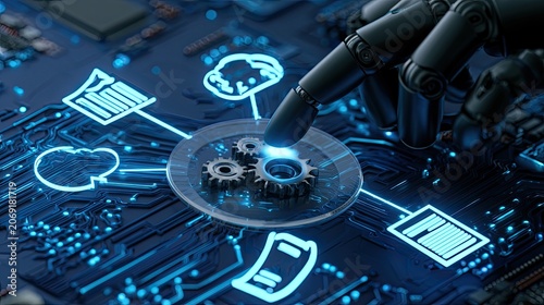 Robotic finger interacting with gears on a circuit board, surrounded by digital icons