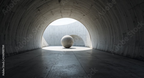 An abstract depiction of architectural space with a cement sphere descending towards � Professional Stock Photography Concept for Commercial and Marketing Use