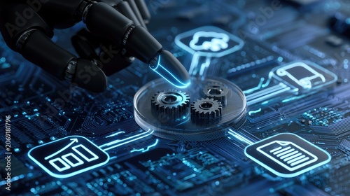 Robotic finger touches gears within digital circuit board, symbolizing automation