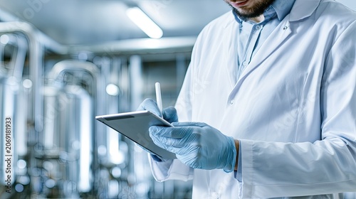 Person in lab coat, gloves, holding tablet, writing notes in industrial setting