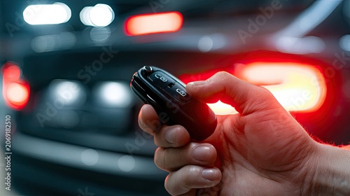 Close-up of a hand holding a car key, with vehicle lights illuminated in the background