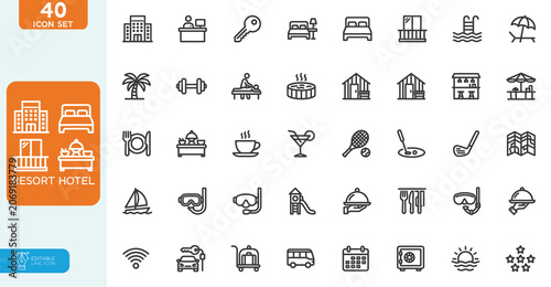 Resort Hotel Vector illustration line editable Icons set. Wellness, beach, tourism, hotel, passport, maps, spa, landscape, camera. Icon collection. on white background.