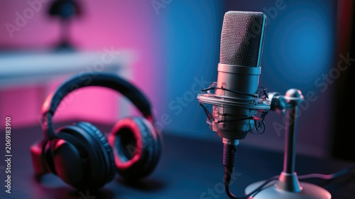 A podcasting setup with headphones and microphone bathed in pink and blue light