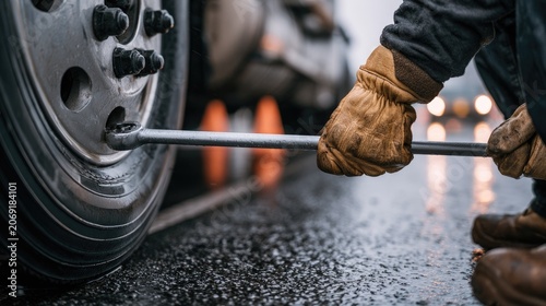 Gloved hands use a lug wrench to tighten a truck's wheel nut on a wet road