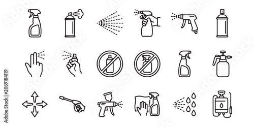 Set of spray bottle and aerosol can line icons for cleaning sanitizer disinfection and painting equipment