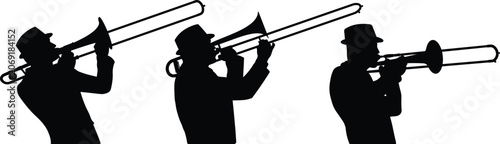 Картината върху платно Trombone Player Silhouette Collection Jazz Musician Playing Brass Instrument Vec
