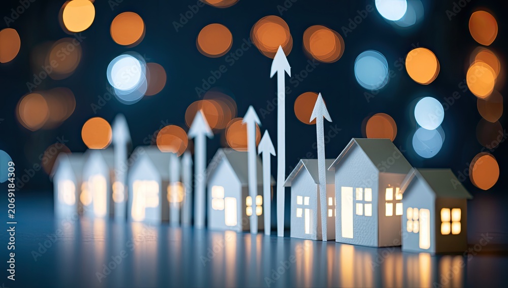 Obraz premium Paper houses with upward arrows showing growth against bokeh lights