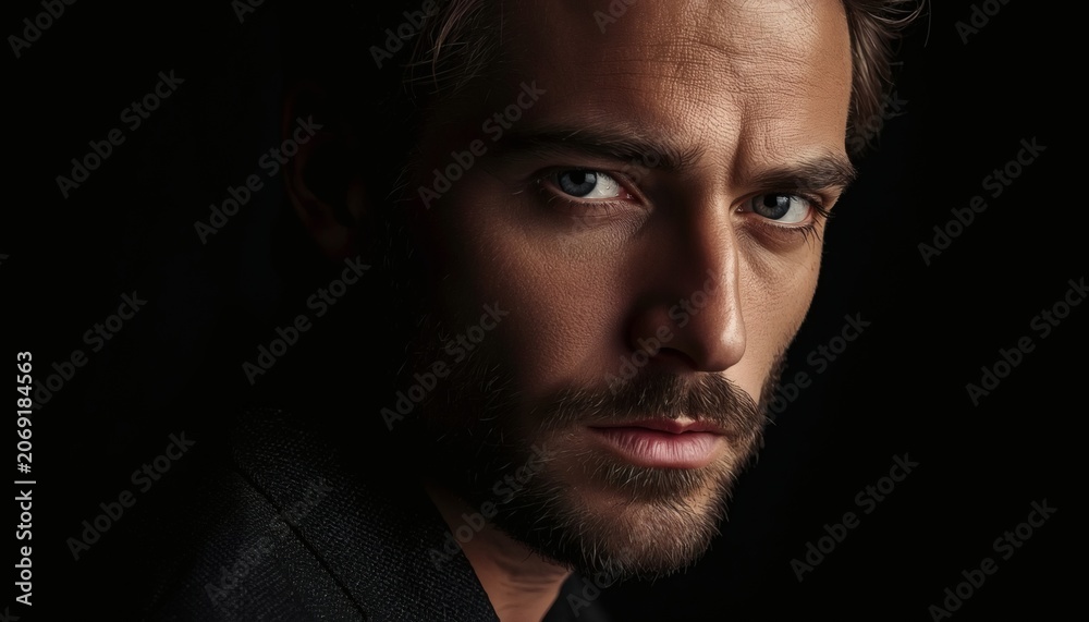 Fototapeta premium Dramatic portrait of a handsome young man with beard looking from dark shadows low key lighting