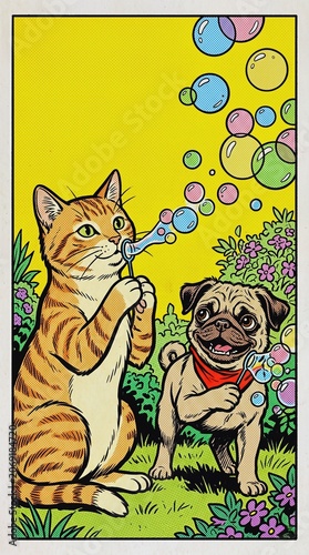 Ginger Tabby Cat and Pug Puppy Blowing Colorful Soap Bubbles in Retro Comic Strip Pop Art Style for Commercial Greeting Card