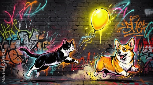 Tuxedo Cat and Pembroke Welsh Corgi Chasing a Glowing Yellow Balloon in Neon Street Graffiti Pop Art Style for Commercial Greeting Card
