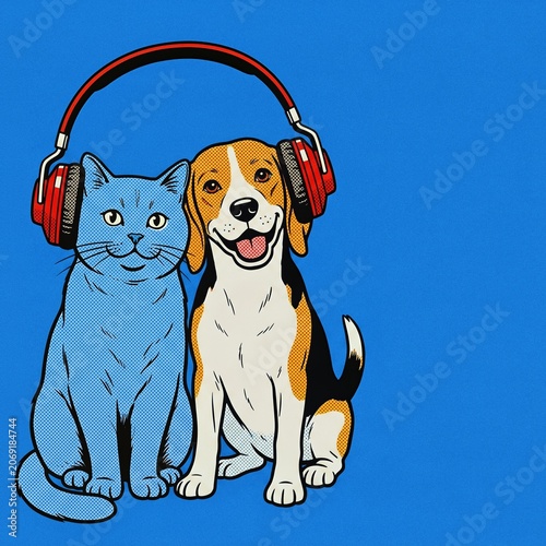 British Shorthair Cat and Joyous Beagle Dog Sharing Red Headphones in Retro Comic Strip Pop Art Style for Commercial Greeting Card