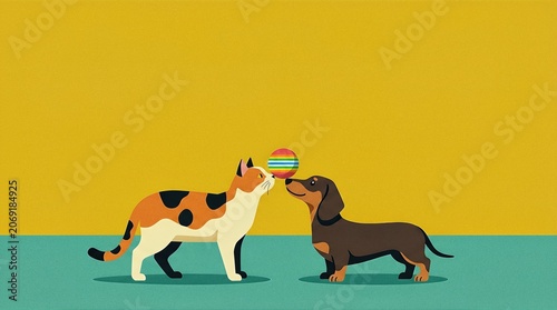 Calico Cat and Miniature Dachshund Puppy Balancing a Colorful Ball in Minimalist Color Block Pop Art Style for Greeting Card