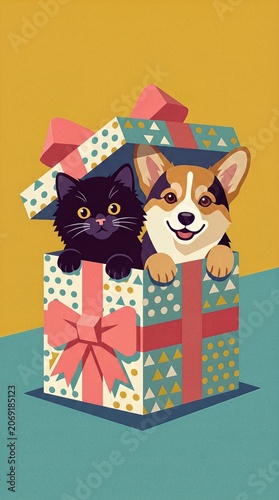 Fluffy Black Kitten and Cheerful Corgi Puppy Peeking Out of a Gift Box in Minimalist Color Block Pop Art Style for Greeting Card