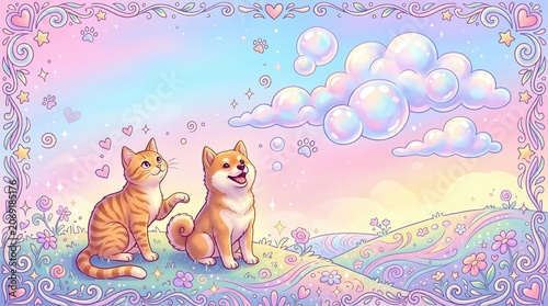 Orange Tabby Cat and Shiba Inu Puppy Watching Clouds Float in Whimsical Pastel Pop Art Style for Commercial Greeting Card