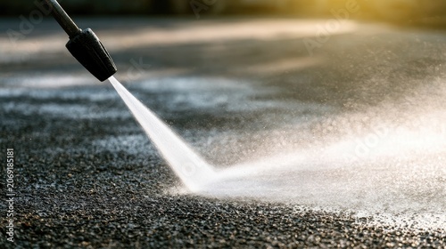 High-pressure water jet cleaning a textured, dark surface