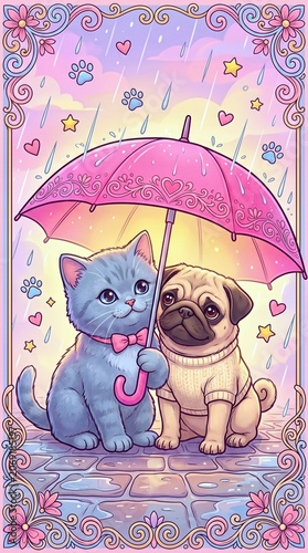 British Shorthair Kitten and Sweet Pug Dog Under Pink Umbrella in Rain in Whimsical Pastel Pop Art Style for Greeting Card
