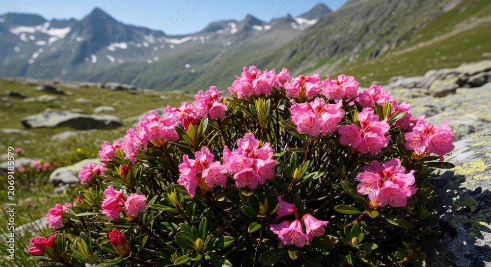 Obraz premium Pink alpine flowers bloom in a mountain landscape with snowy peaks.