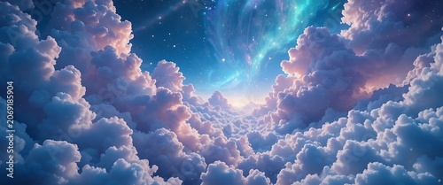 Surreal Cosmic Sky with Glowing Stars and Vibrant Nebula Above Puffy Clouds