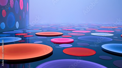 Colorful, glowing discs float on a dark, reflective surface