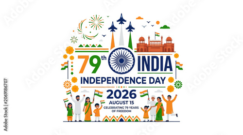 Vibrant illustration of Indian national celebration featuring cultural landmarks and citizens waving tricolor flags for a patriotic anniversary event