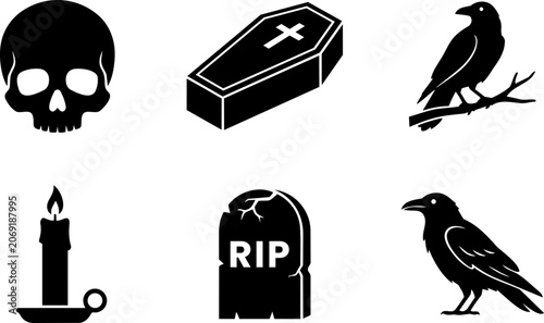 Εκτύπωση καμβά Set of gothic vector icons featuring spooky skull coffin raven candle and tombst